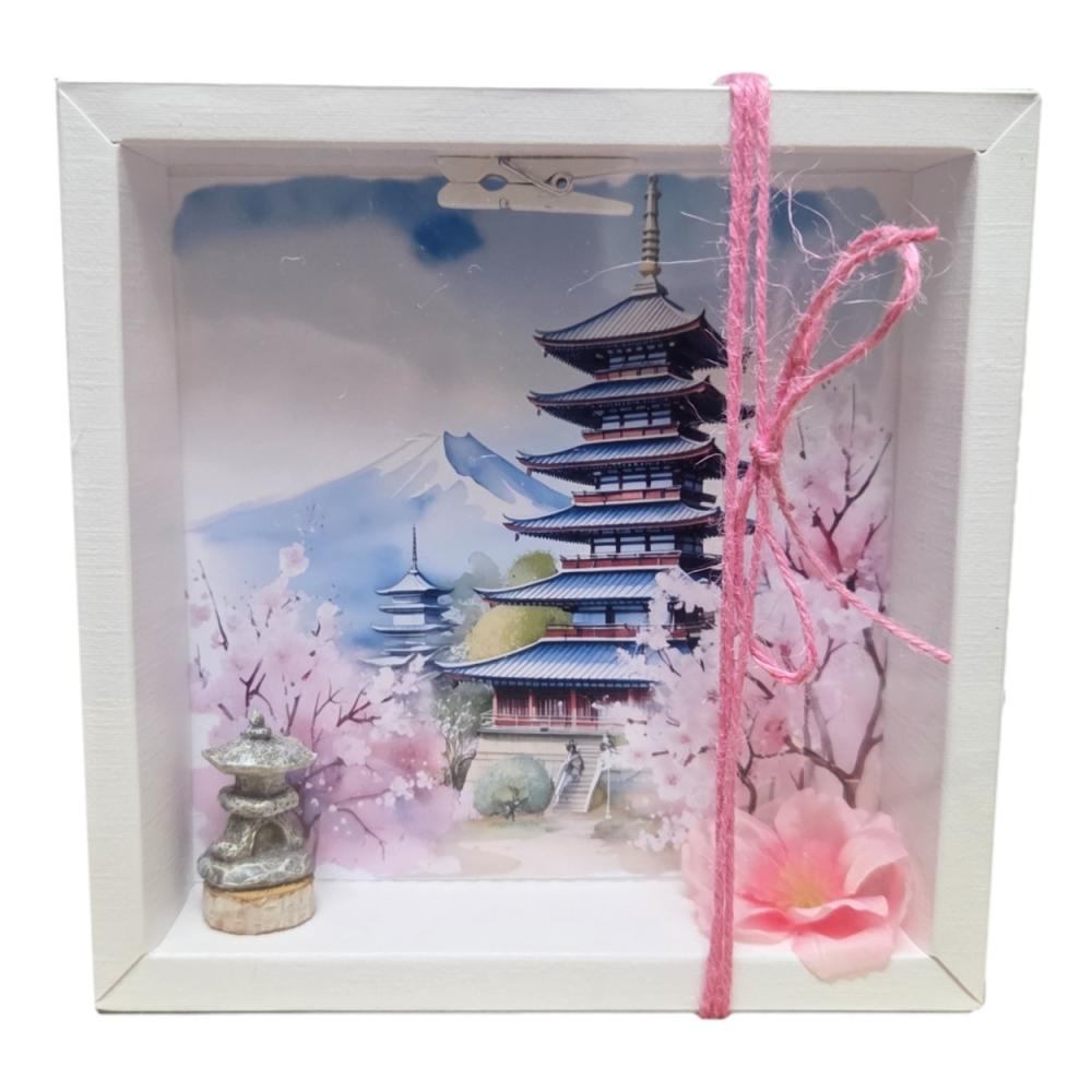 Geldgeschenk Asienreise in weißer Geschenkbox mit Pagode, Kirschblüten und Berglandschaft im Japan-Stil