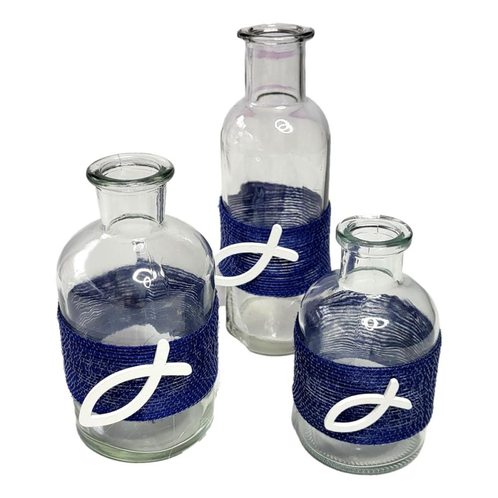 Preview: 3 Glasvasen dekoriert mit blauen Bändern und Fischen