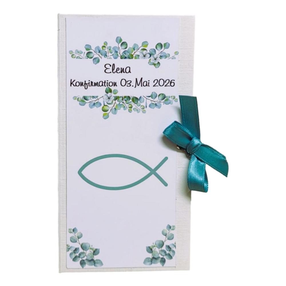 Personalisiertes Geldgeschenk Buch aus weißem Karton zur Konfirmation mit Name, Datum und Anlass