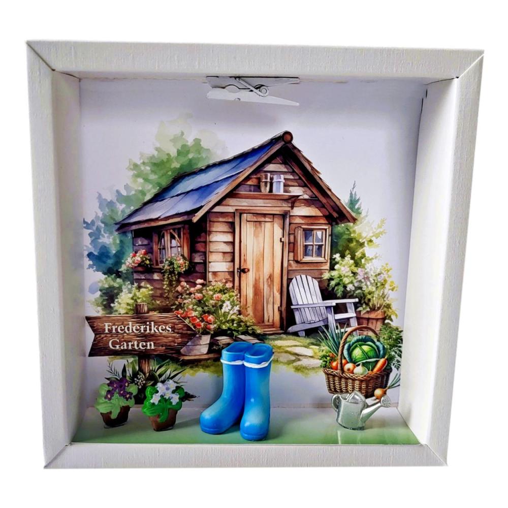 Preview: Geldgeschenk-Box Gartenhaus mit Blumendeko, Gemüsekorb und Namensgravur