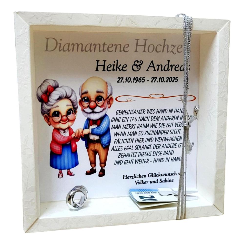 Geldgeschenk Box zur Diamantenen Hochzeit mit transparentem Deckel und Holzklammer für 60 Jahre verheiratet