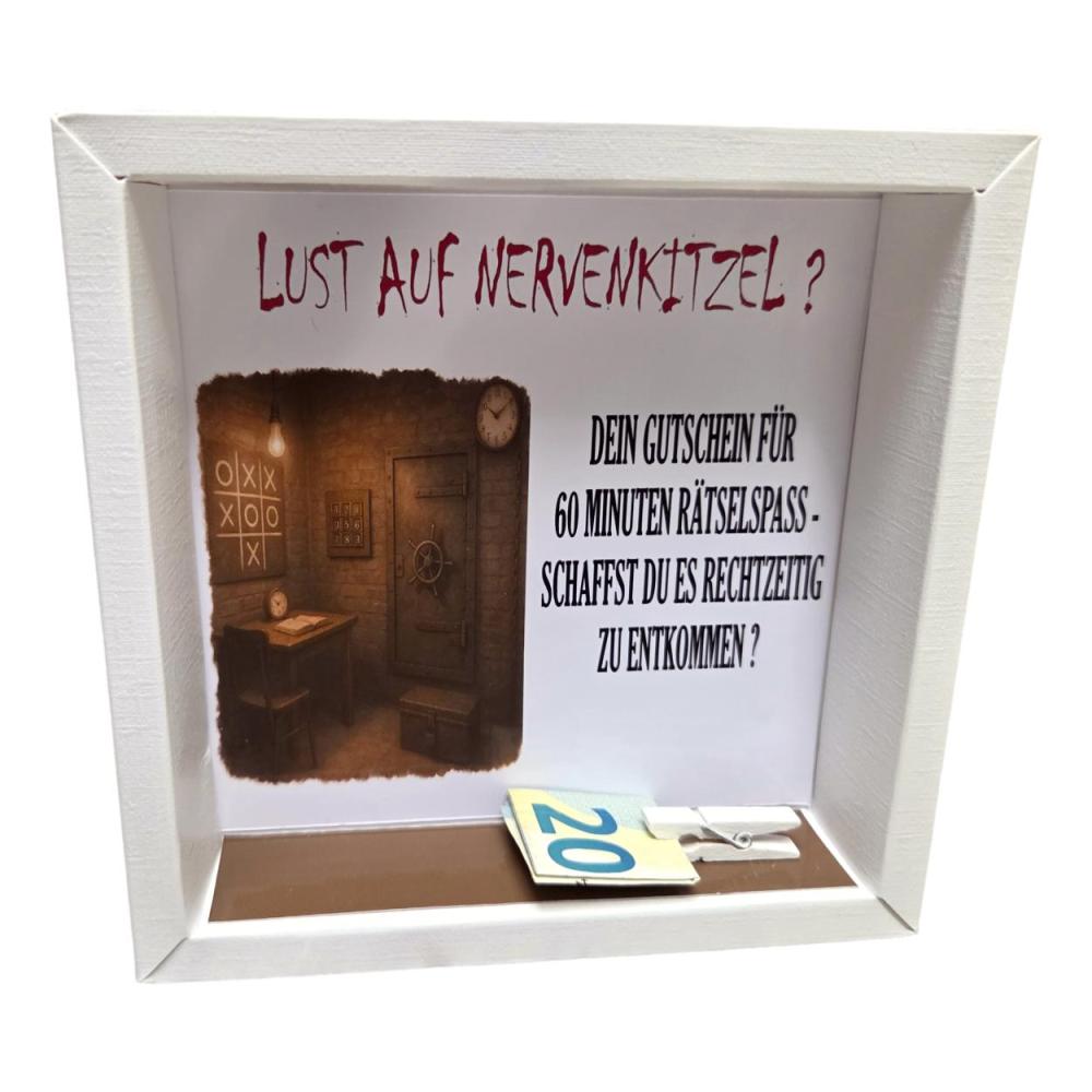 Preview: Geldgeschenkverpackung Geschenkgutschein mit kleiner Holklammer für Geld. Thema Escaperoom. Geheimnis