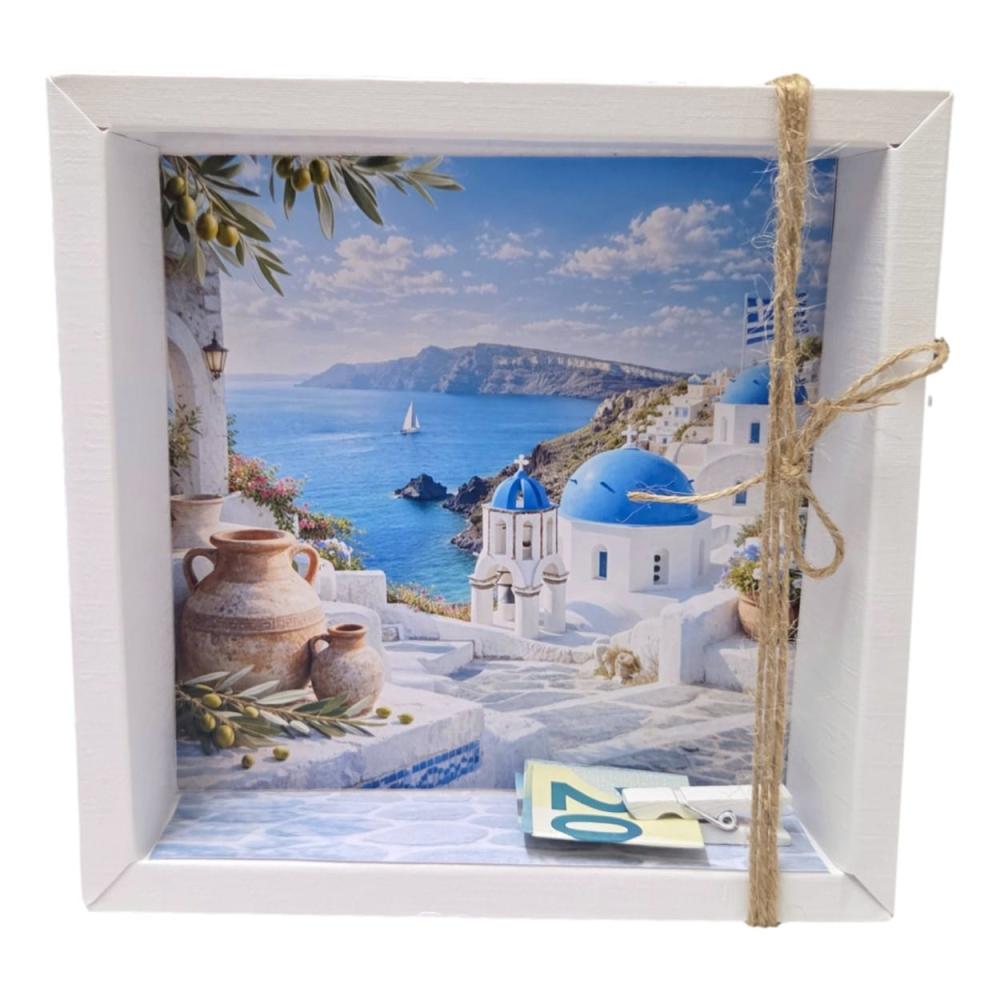Hochwertige Geldgeschenk Verpackung Griechenland mit Santorini Motiv. Ideal für Reisegutschein, Hochzeit, Geburtstag oder Urlaubsgeschenk. Der-kleine-Dekoladen.