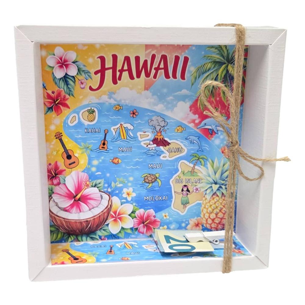 Geldgeschenk Verpackung Hawaii mit tropischer Inselkarte und Hibiskusblüten