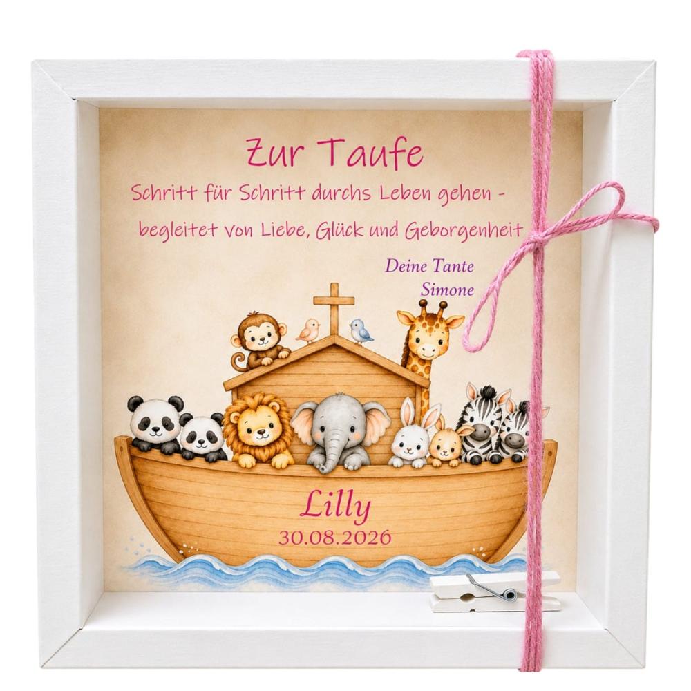Personalisierte Geldgeschenk Verpackung zur Taufe für Mädchen mit Arche Noah Motiv und rosa Geschenkband