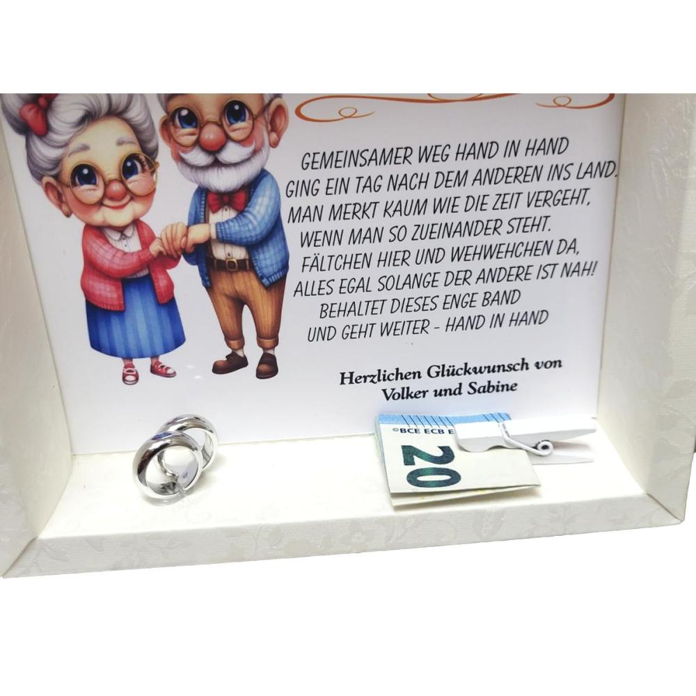 Geldgeschenk Box zur Diamantenen Hochzeit mit transparentem Deckel und Holzklammer für 60 Jahre verheiratet, liebevoller Text