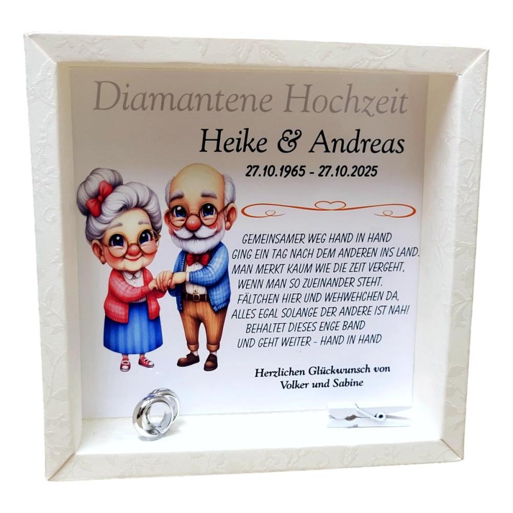 Geldgeschenk Box zur Diamantenen Hochzeit mit transparentem Deckel und Holzklammer für 60 Jahre verheiratet