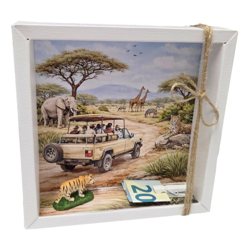 Geldgeschenk Verpackung Safari Afrika mit Jeep und Savannenmotiv