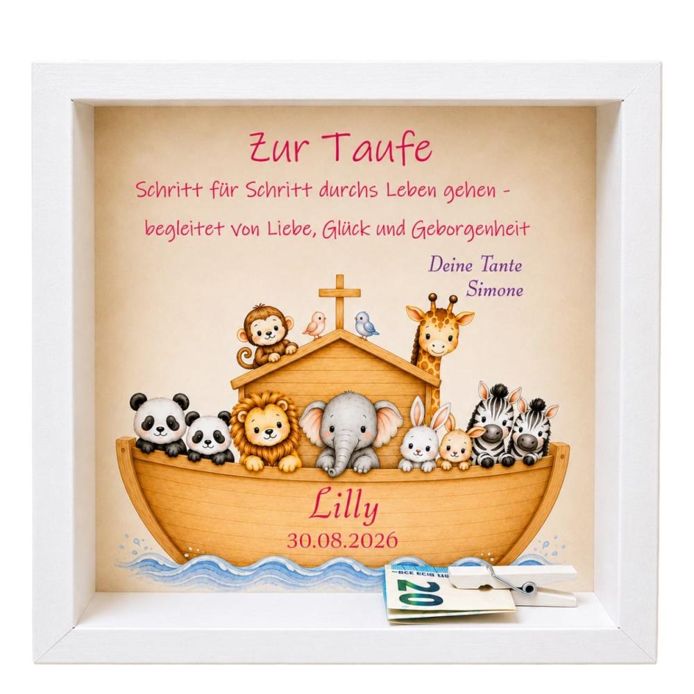 Preview: Geldgeschenk zur Taufe mit kleiner Holzklammer für Geldschein und personalisiertem Motiv