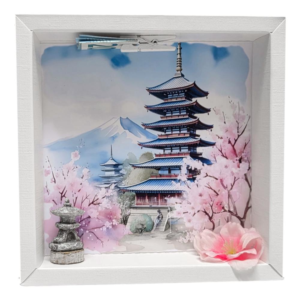 Preview: Detailansicht Pagode mit rosa Kirschblüten und Bergkulisse als Hintergrund für Reise-Geldgeschenk