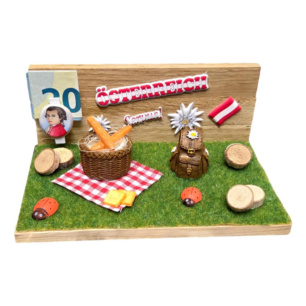 Preview: Geldgeschenk Verpackung Österreich aus Holz mit Edelweiß