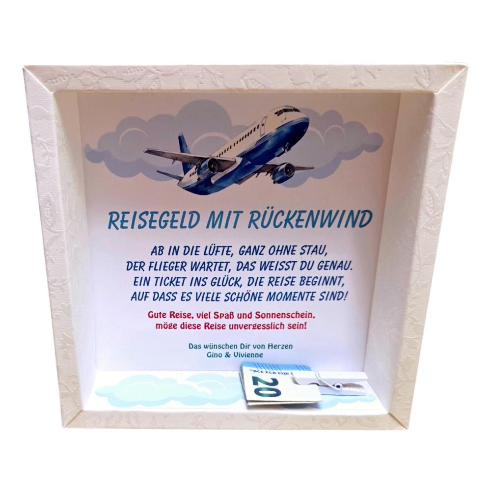 Preview: Flitterwochen Geldgeschenk – Kartonnage mit Flugzeug Motiv und Platz für Geldschein