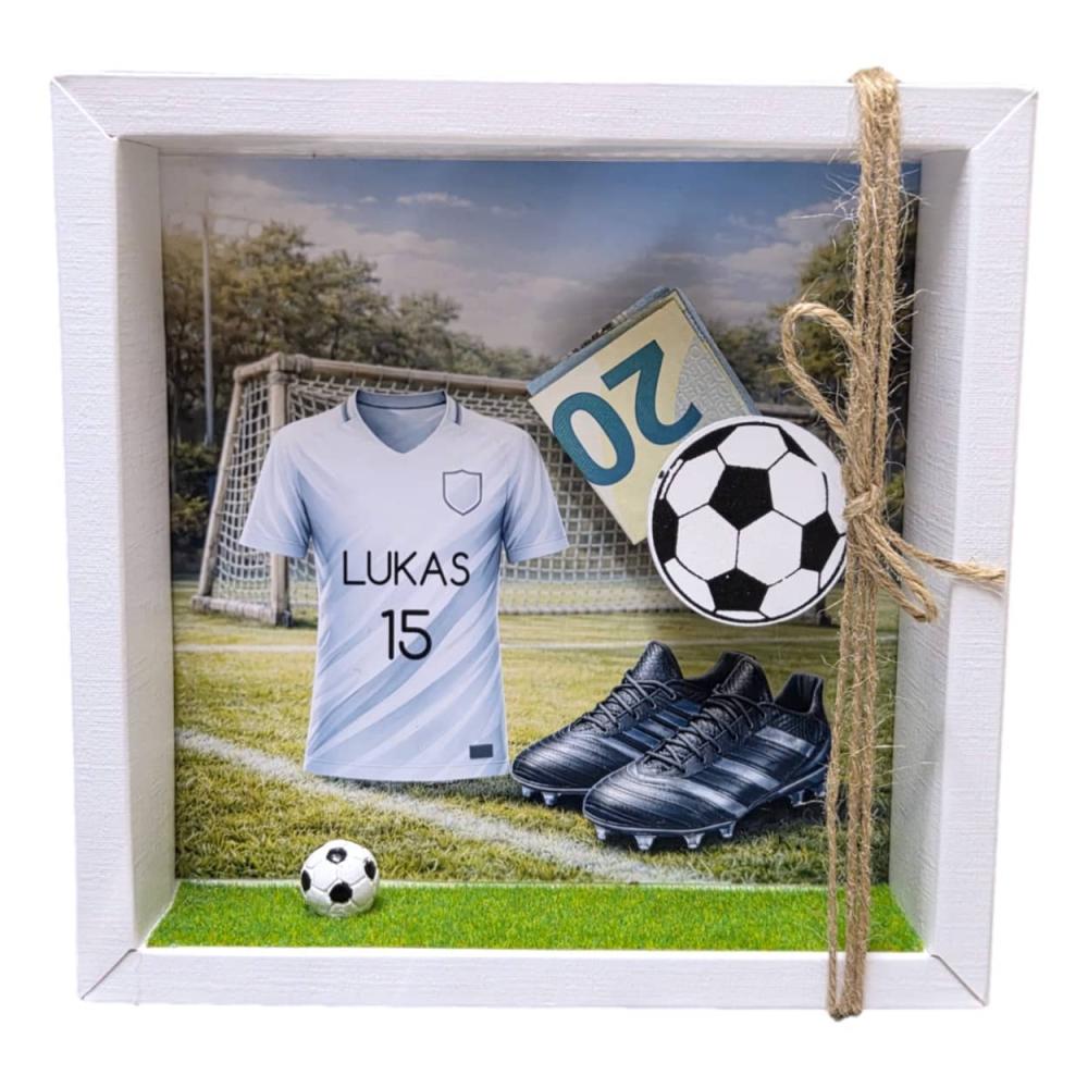 Personalisierte Geldgeschenk Verpackung Fußball mit Trikot Name Nummer und Fußballschuhen