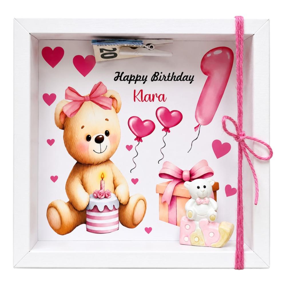 Geldgeschenk zum 1. Geburtstag von einem Mädchen. Mit Bärchenmotiv