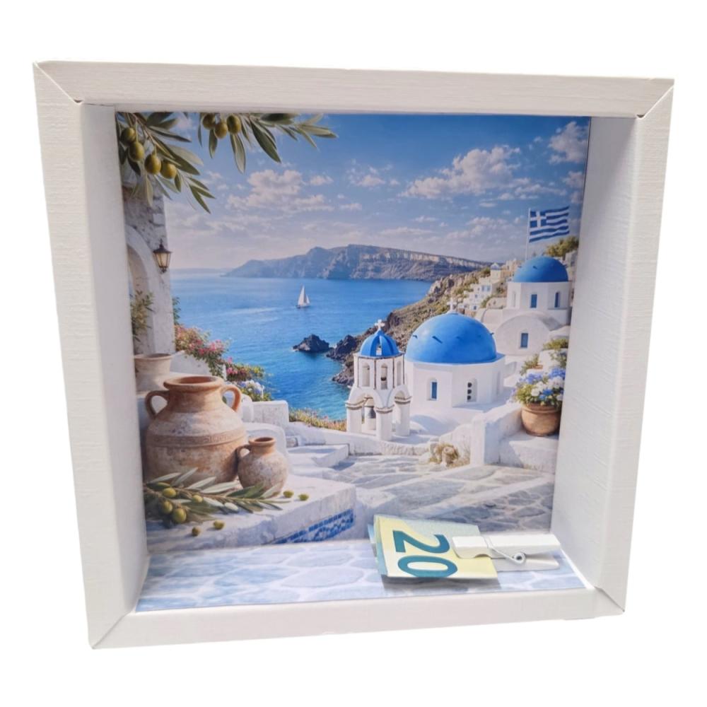 Preview: Geschenkbox Griechenland Reisegutschein mit mediterraner Santorini Landschaft und kleiner Holzklammer zur Befestigung von Geldscheinen