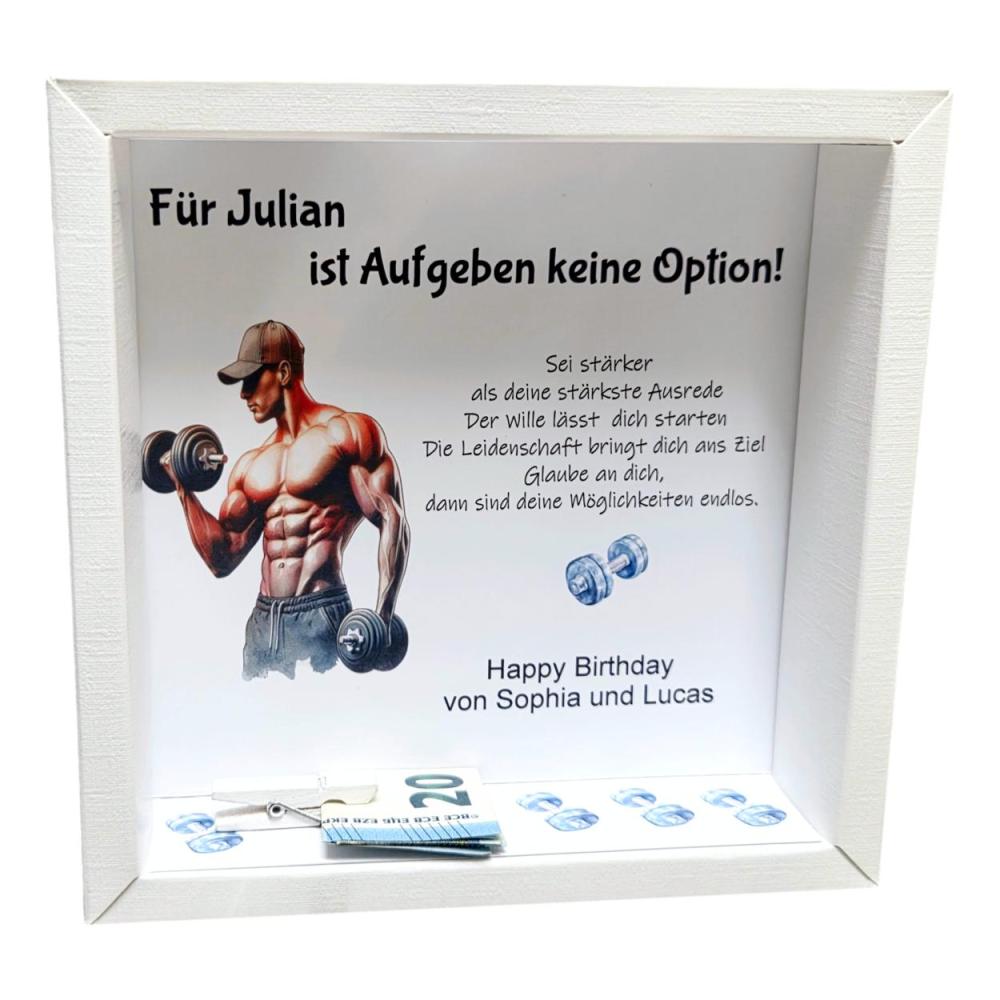 Preview: geschenkkartonage Motiv Sportler mit Hantel ,geöffnet.Holzklammer für Geldschein