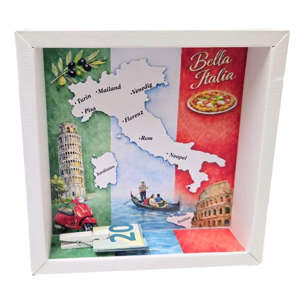 Preview: Geschenkverpackung Italien Urlaub mit kleiner Holzklammer