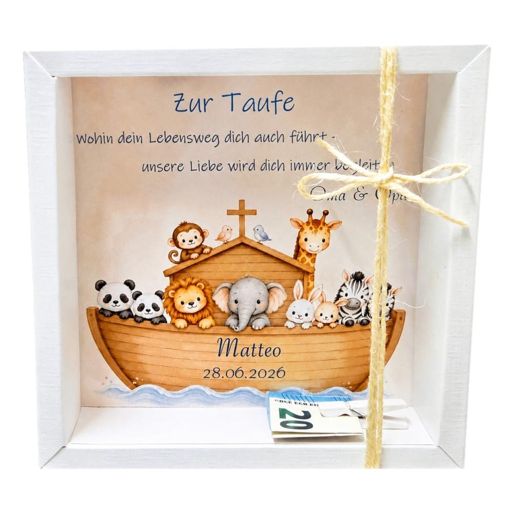 Personalisierte Geldgeschenk Verpackung zur Taufe mit Arche Noah und Tieren