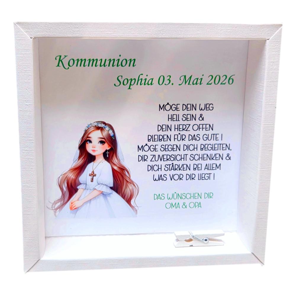 Preview: Kommunionsgeschenk Mädchen Geldgeschenk-Kartonage weißes Kleid Geldklammer Segensspruch