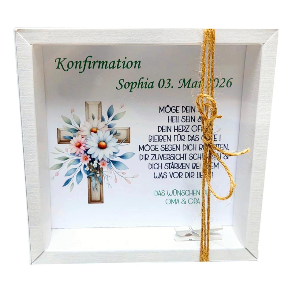 Geldgeschenk zur Konfirmation mit Kreuz – personalisierte Geschenkbox mit Name und Datum