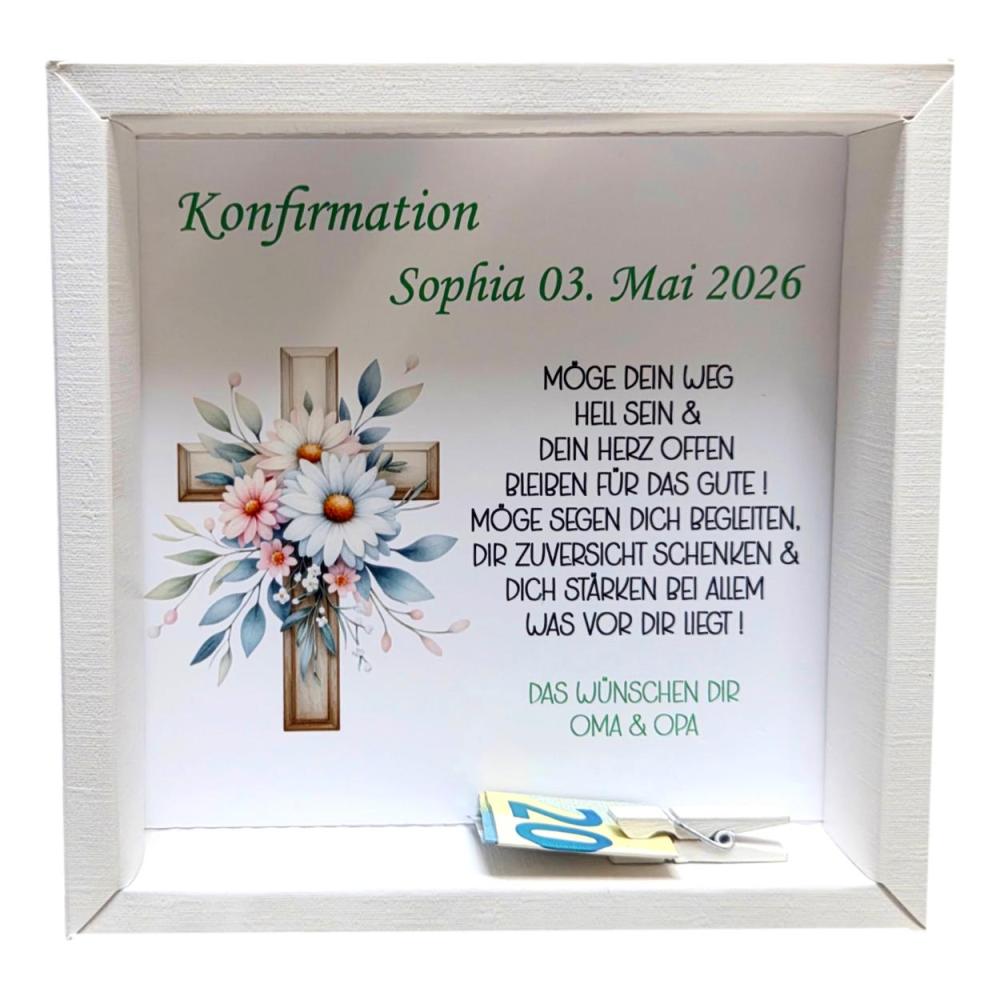 Preview: Konfirmations-Geldgeschenk mit Kreuzmotiv und kleiner Holzklammer für Geldscheine