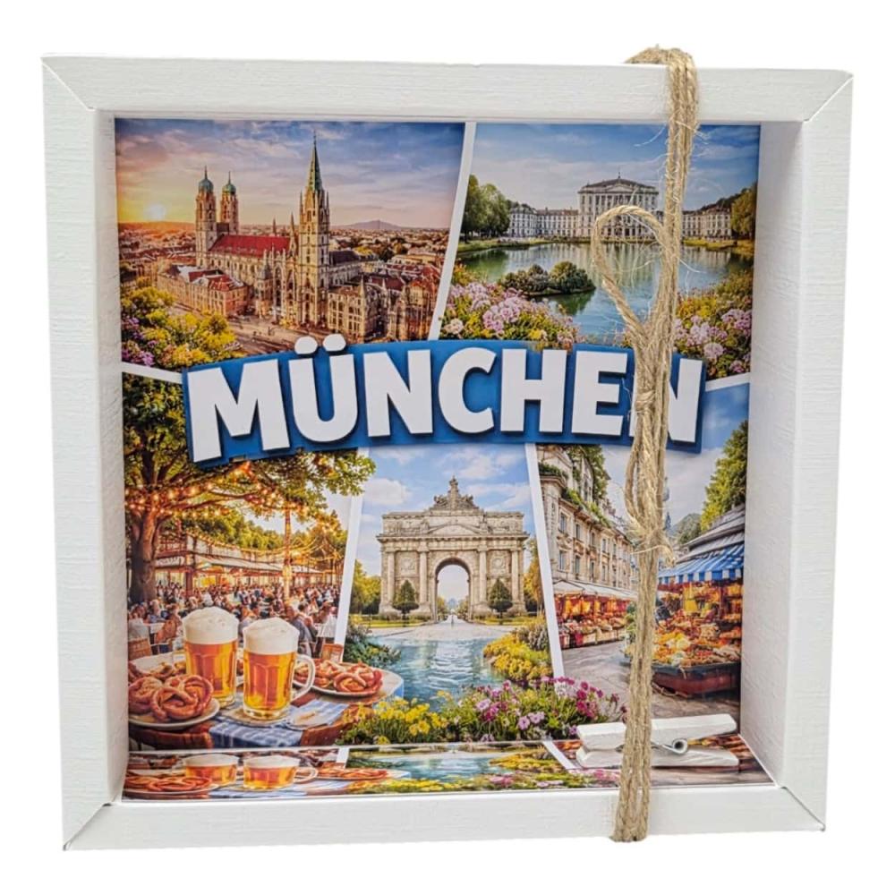 Geldgeschenk Verpackung München mit Sehenswürdigkeiten und Biergarten Motiv