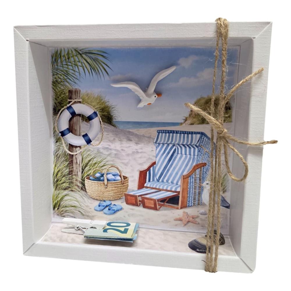 Geldgeschenk Verpackung Nordsee mit Strandkorb und Möwe im maritimen Design