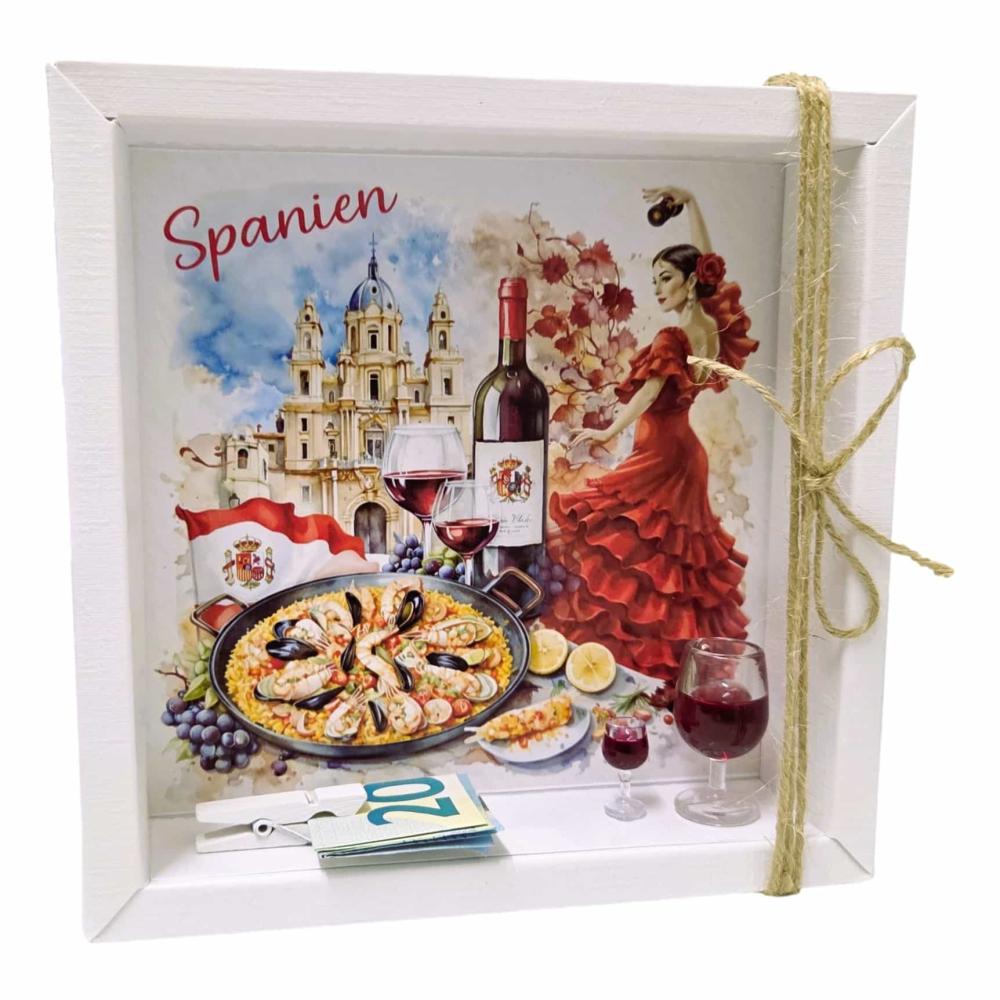 Geldgeschenk Verpackung Spanien mit Flamenco Tänzerin und transparenter Geschenkkartonage