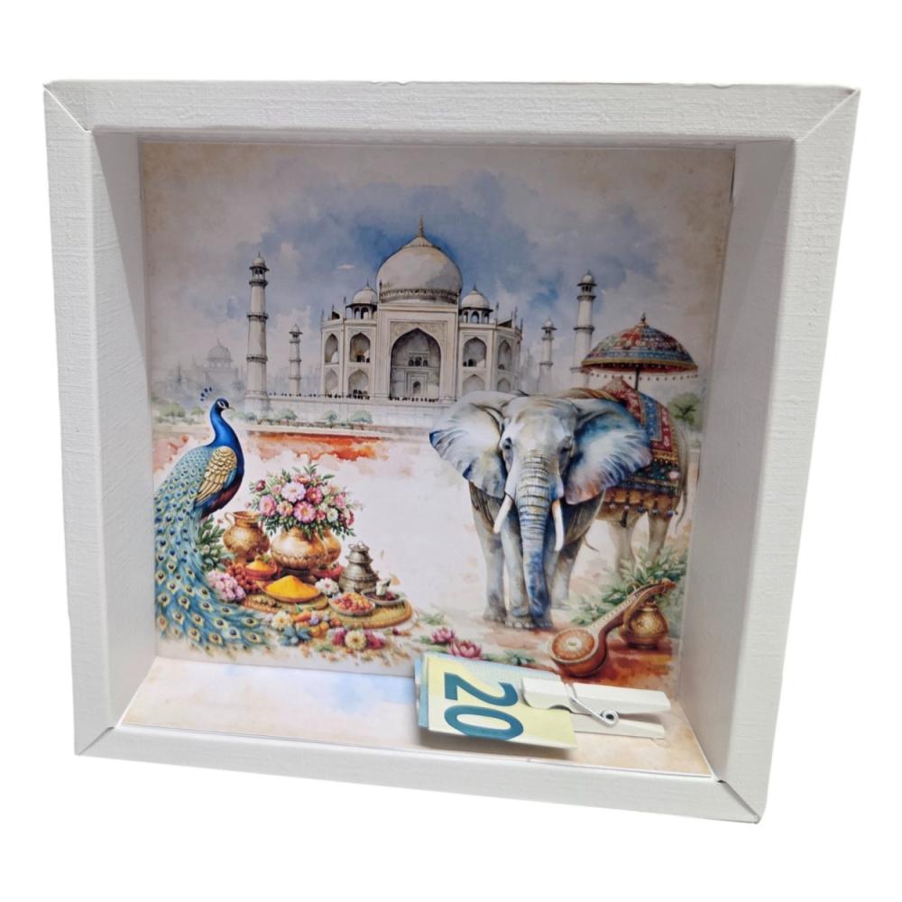 Preview: Geschenkkartonage für Geldgeschenk Indien Reise mit Taj Mahal, Pfau und Elefant, ideal für Reisegutschein oder Urlaubsgeschenk