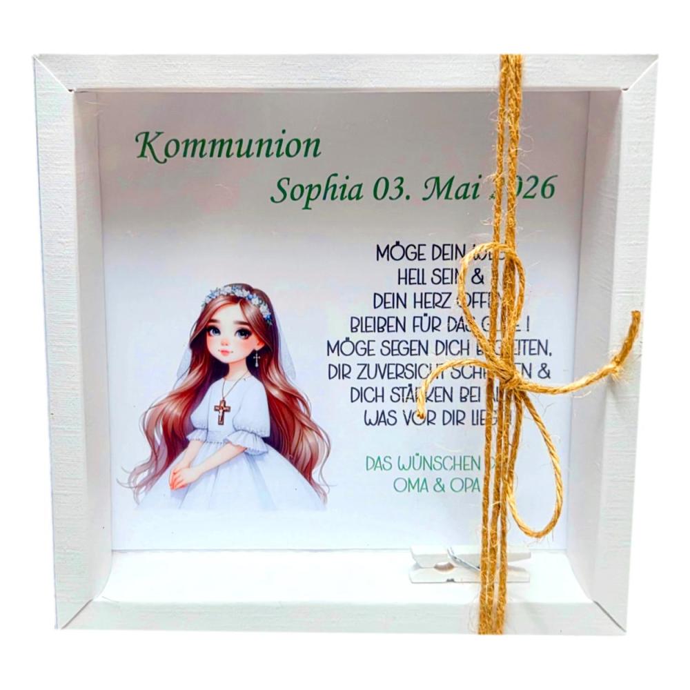 Geldgeschenk mit transparentem Schiebedeckel, zur Kommunion Mädchen braune Haare weißes Kommunionskleid Geldklammer personalisiert