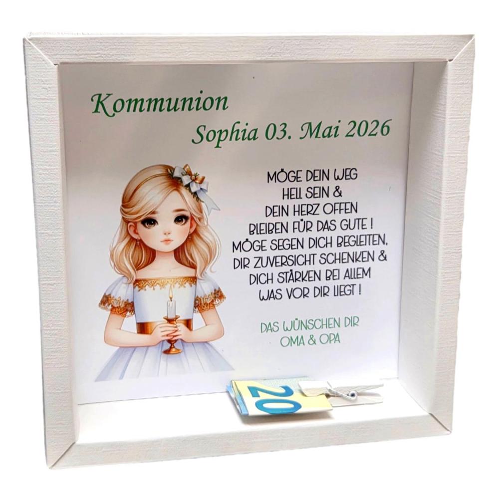 Preview: Personalisierte Geschenkbox zur Kommunion mit Segensspruch und Geldklammer