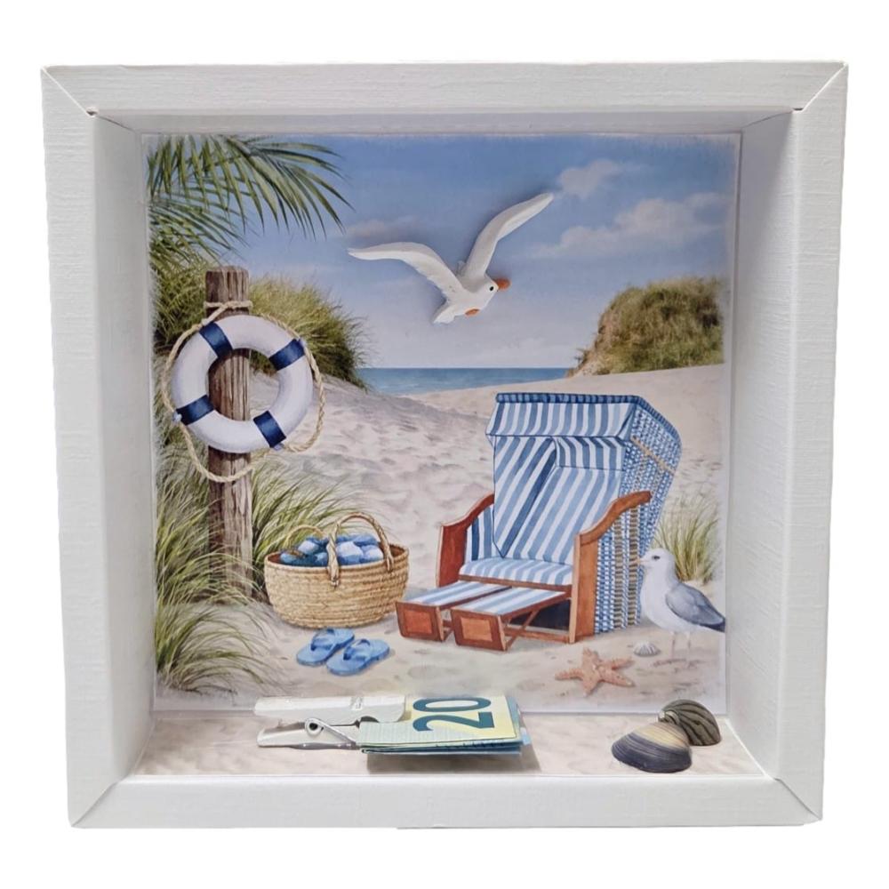 Preview: Reisegutschein Verpackung Meer mit Muscheln und Dünen