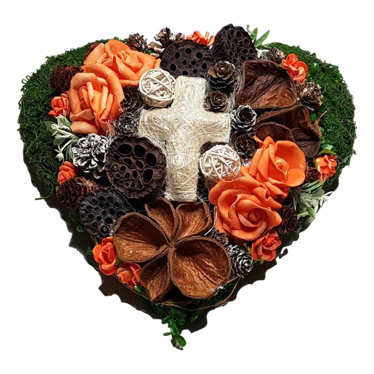 Moosherz orange Rosen mit Kreuz Grabschmuck