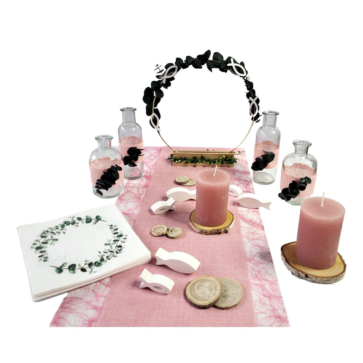 Tischdekoration SEt für Kommunion oder Konfirmation in Rosa. Mit Tischgesteck
