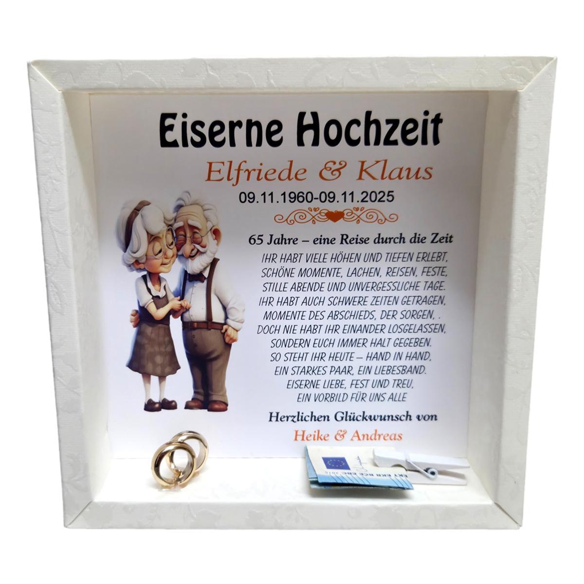 Geldgeschenk Box zur Eisernen Hochzeit mit Spruch und kleiner Karikatur