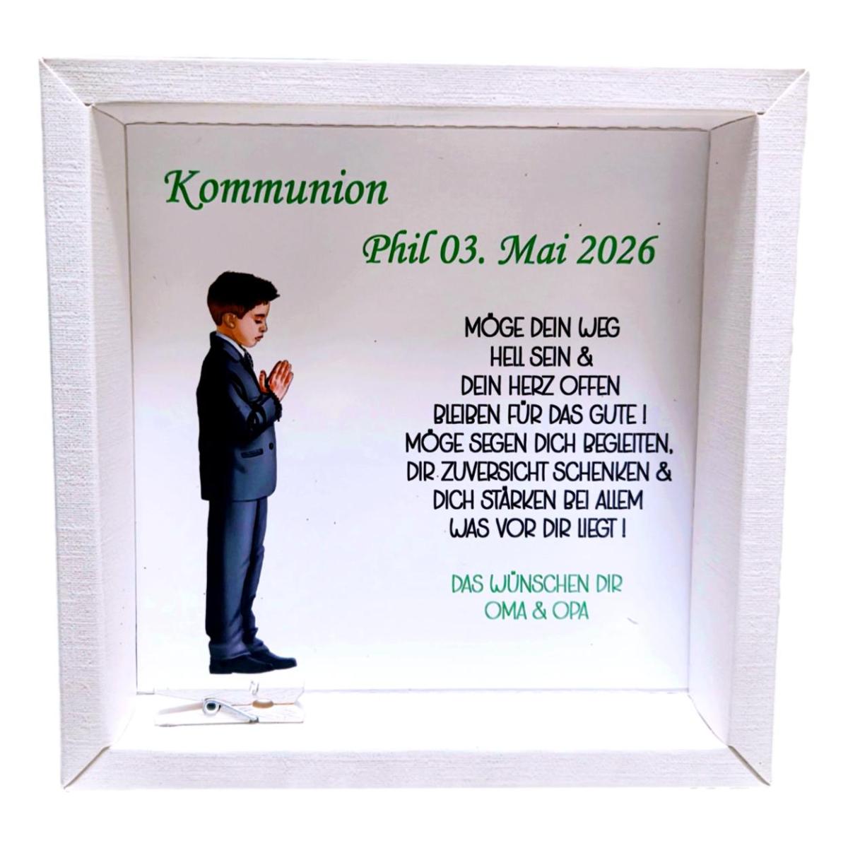Weiße Geschenkbox Kommunion Junge religiöses Motiv betender Junge