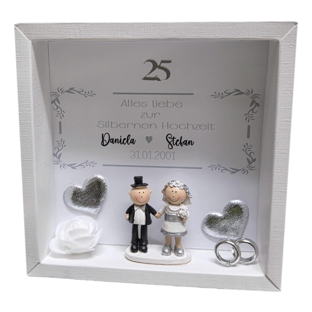 Hochzeitsjubiläum Geschenkbox mit Brautpaarfigur und Rosenmotiv