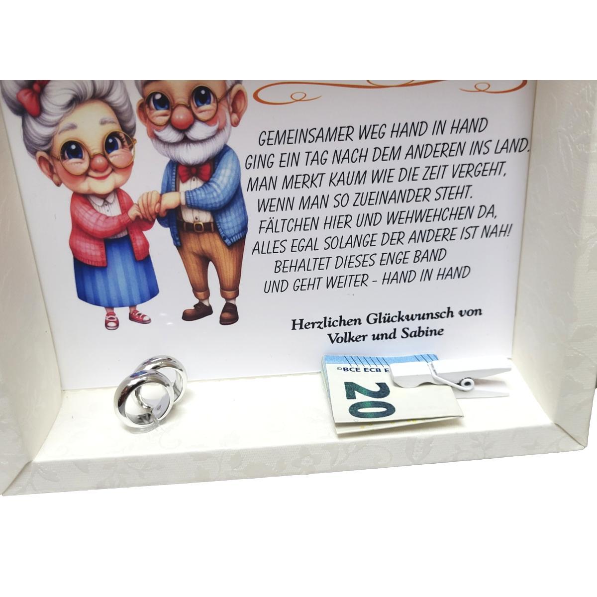 Geldgeschenk Box zur Diamantenen Hochzeit mit transparentem Deckel und Holzklammer für 60 Jahre verheiratet, liebevoller Text