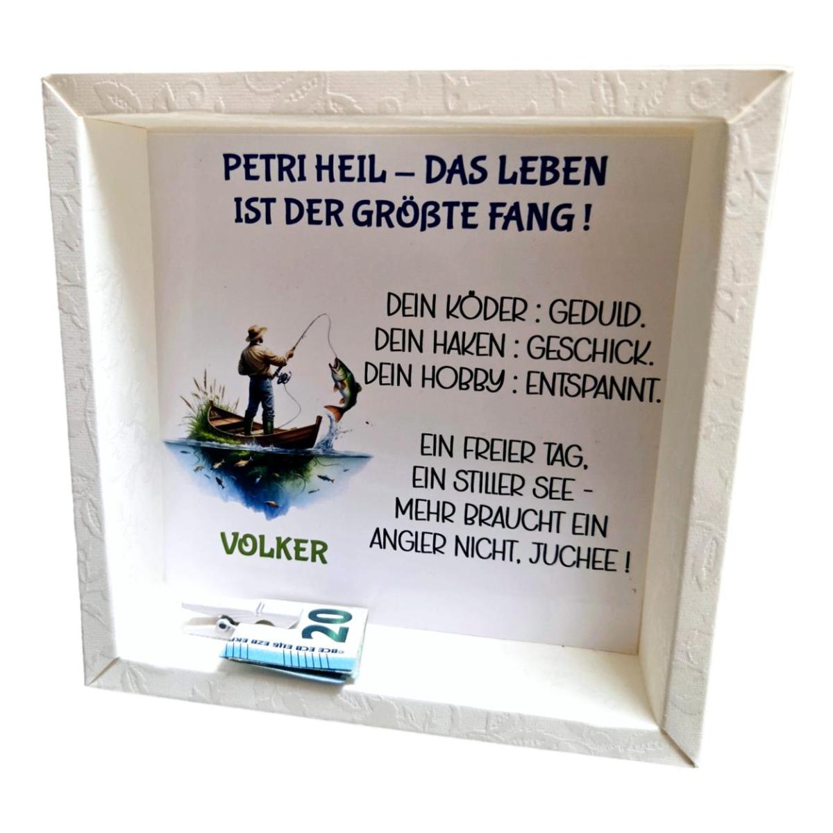 DekDekorative Geschenkverpackung mit Angler-Motiv und Spruch Petri Heil