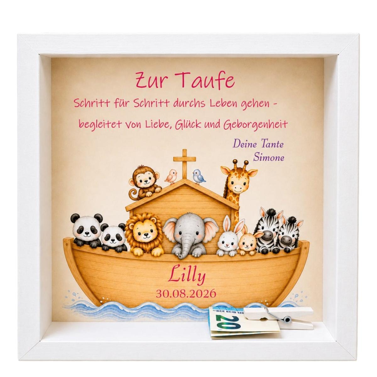 Geldgeschenk zur Taufe mit kleiner Holzklammer für Geldschein und personalisiertem Motiv
