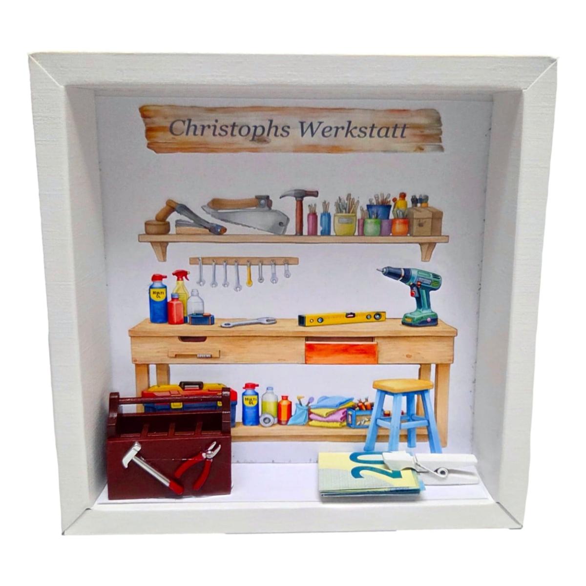Geschenkbox Hobbywerkstatt für Heimwerker mit Werkzeugkiste und personalisiertem Werkstatt-Schild