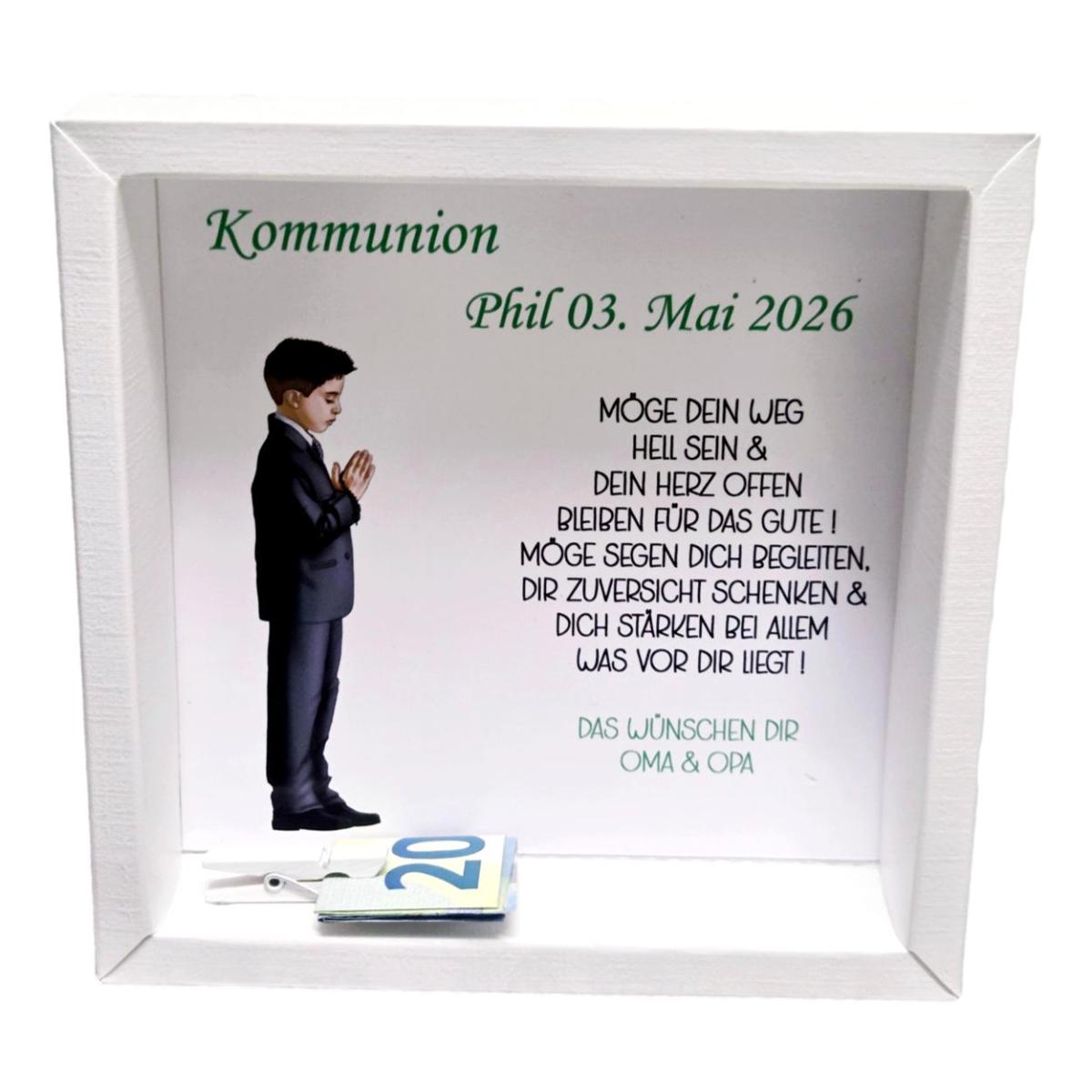 Geschenkkartonage Kommunion mit Holzklammer zur Befestigung von Geldschein