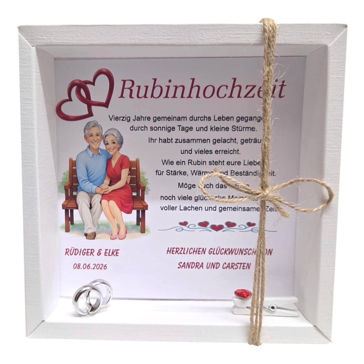 Personalisierte Geldgeschenk Verpackung zur Rubinhochzeit mit Paarmotiv, Namen und Datum