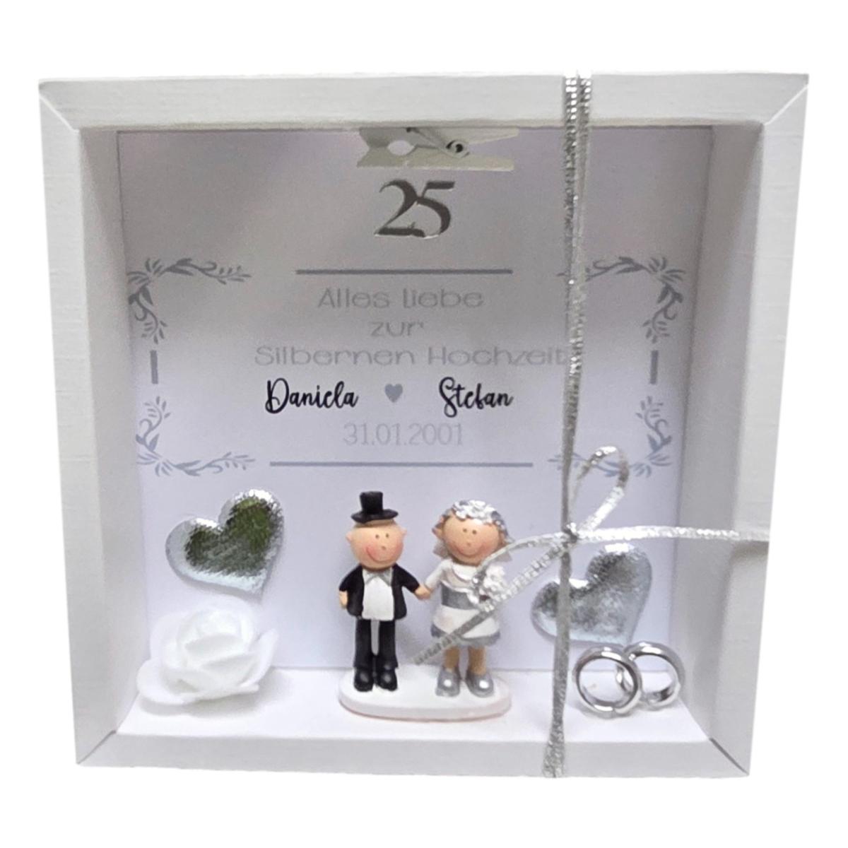 Geschenkkartonage 25 Jahre Hochzeit mit Silberdekor und Ringen
