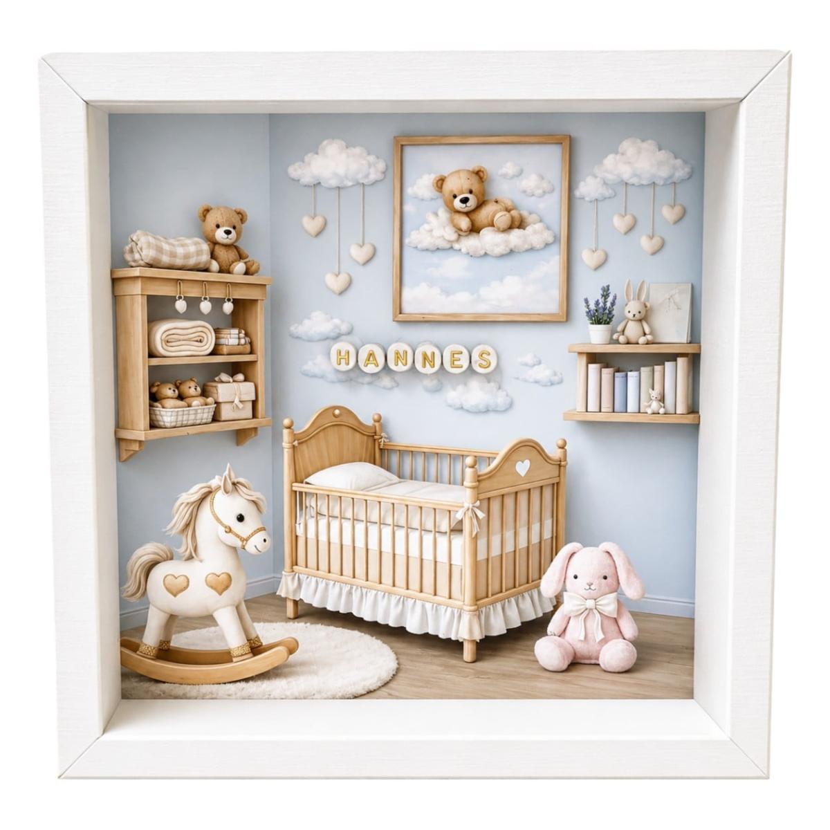 Personalisierte Geschenkverpackung zur Geburt mit Wolkenmotiv und Kinderbett