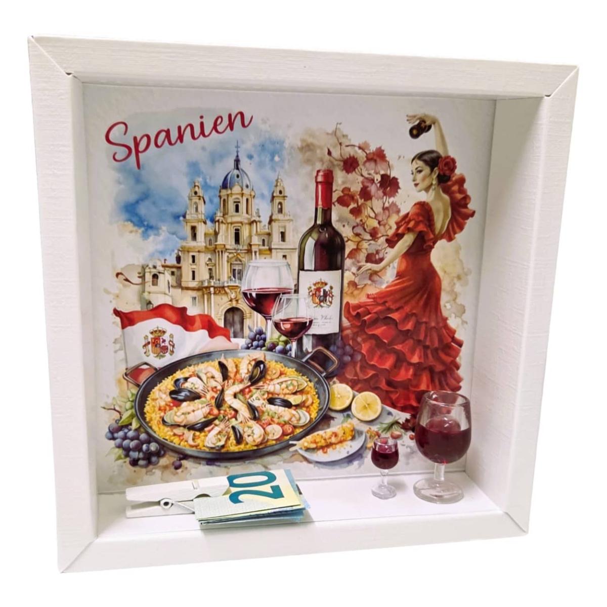 Geschenkkartonage Spanien Reise Gutschein Verpackung mit mediterranem Motiv
