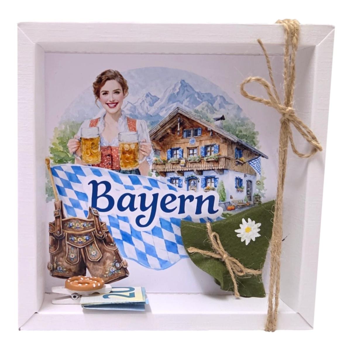 Geldgeschenk Verpackung Bayern mit Oktoberfest und Alpenmotiv