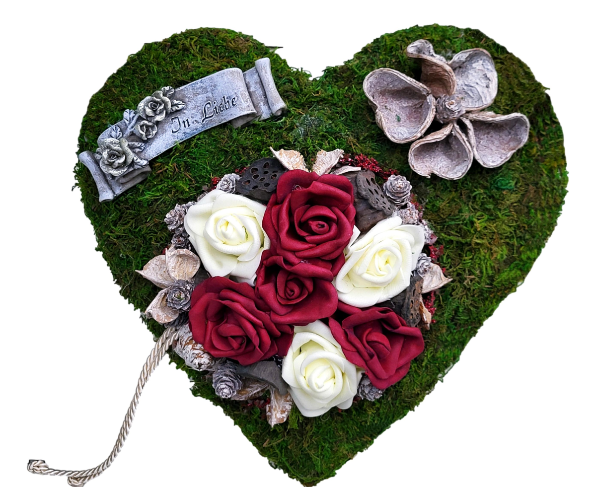Grabschmuck Moosherz mit künstlichen Rosen in weinrot