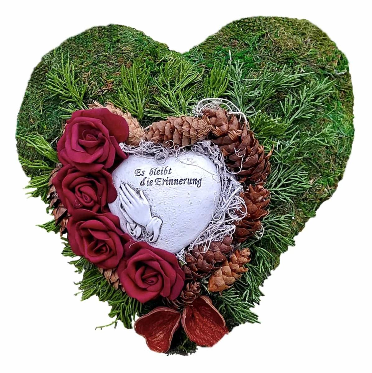 Moosherz Grabschmuck in Rot mit Inschrift "Es bleibt die Erinnerung"