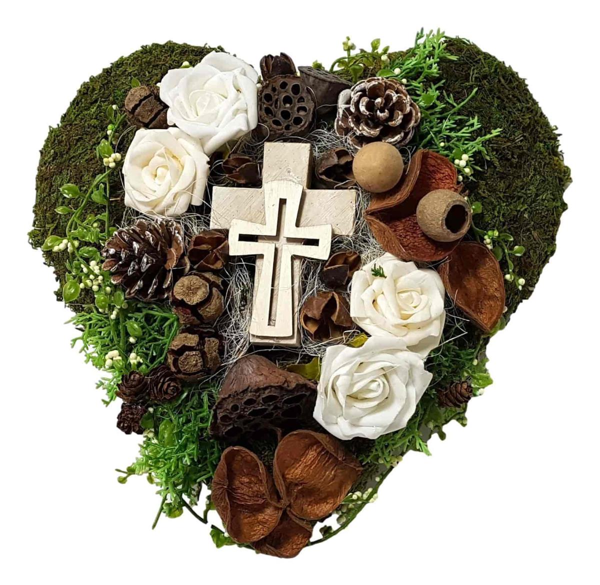 Moosherz creme/ weiß Rosen mit Kreuz Grabschmuck